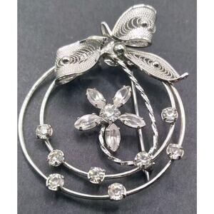 Am Lee Brooch Vintage Marked Sterling Wreath Floral Bow Navets Rhinestones